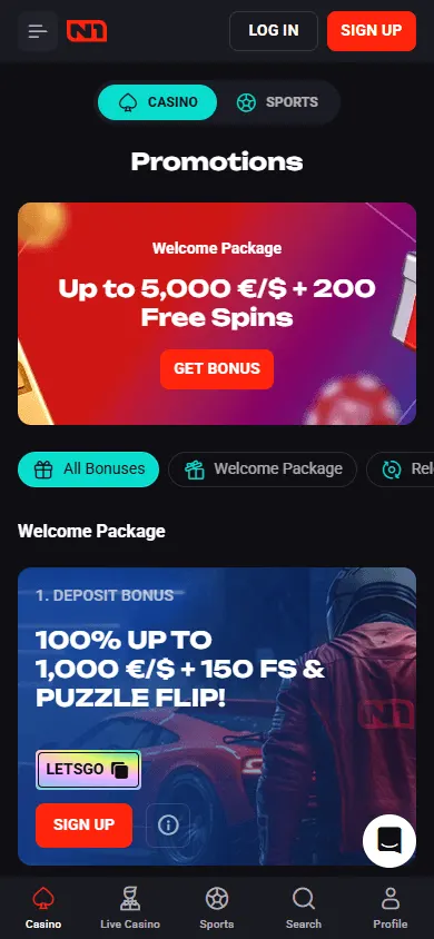 N1bet Casino mobile promotions interface