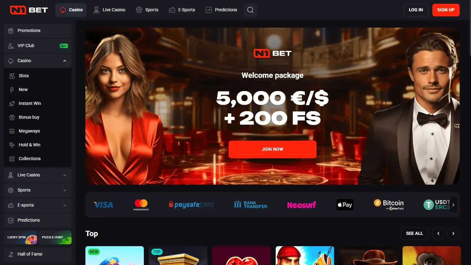 N1bet Casino desktop home interface