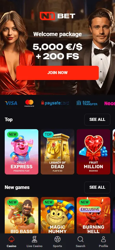 N1bet Casino mobile home interface