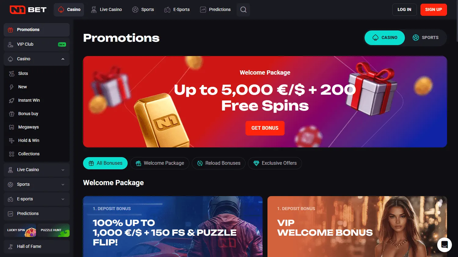 N1bet Casino desktop promotions interface